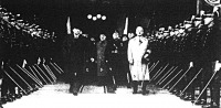 Gömbös Gyula (1), Kánya Kálmán magyar (2), Berger-Waldenegg osztrák külügyminiszter (3), Mussolini (4) és Schuschnigg osztrág kancellár (5)