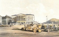 A  Pesti Polgári Kereskedelmi Testület székháza (más néven Kereskedelmi Csarnok, később Lloyd palota) Sandmann színezett litográfiáján