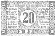 Szükségpénz 20 fileri (a fillér többesszámú jelentése románul), 1919 december 1-én adták ki Temesváron, két hónapra, azzal az ígérettel, hogy törvényes pénzre váltják be