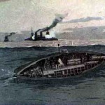 Tenger alatt járó hajó metszete. A páncélos ellen torpedó-támadás történt