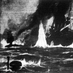 A víz alatt járó naszád, miután sikeresen kilőtte torpedóját a dreadnought ellen, gyorsan visszavonul, mialatt a hatalmas kolosszus oldalát föltépi a beléje ütődött torpedó robbanása
