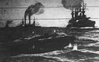 A tengeralatti naszád, amint teljesen víz alá merülve, torpedó-támadásra készül a hatalmas dreadnought ellen