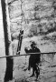 AZ Isonzó fronton az állások mögött vészjelet ad egy katonam a fára függesztett acélsin kongatásával