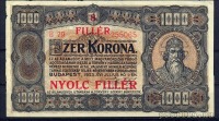 1923. Szept. 13. ezer Koronás bankjegy 8 filléres felülnyomással