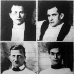 Magyarország olimpiai bajnok kardvívó-csapata. Petschauer, Gombos, Terstyánszky, Glykais