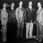 Az olimpiai bajnok magyar kardcsapat Glykais, Nagy, Piller, Schenker a különítmény vezetője, Petschauer, Kabos és Gerevich