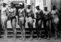Az olimpiai bajnok magyar vízipólócsapat Ivády, Bródy, Vértessy, Németh, Homonnay, Keserű II. és Halassy